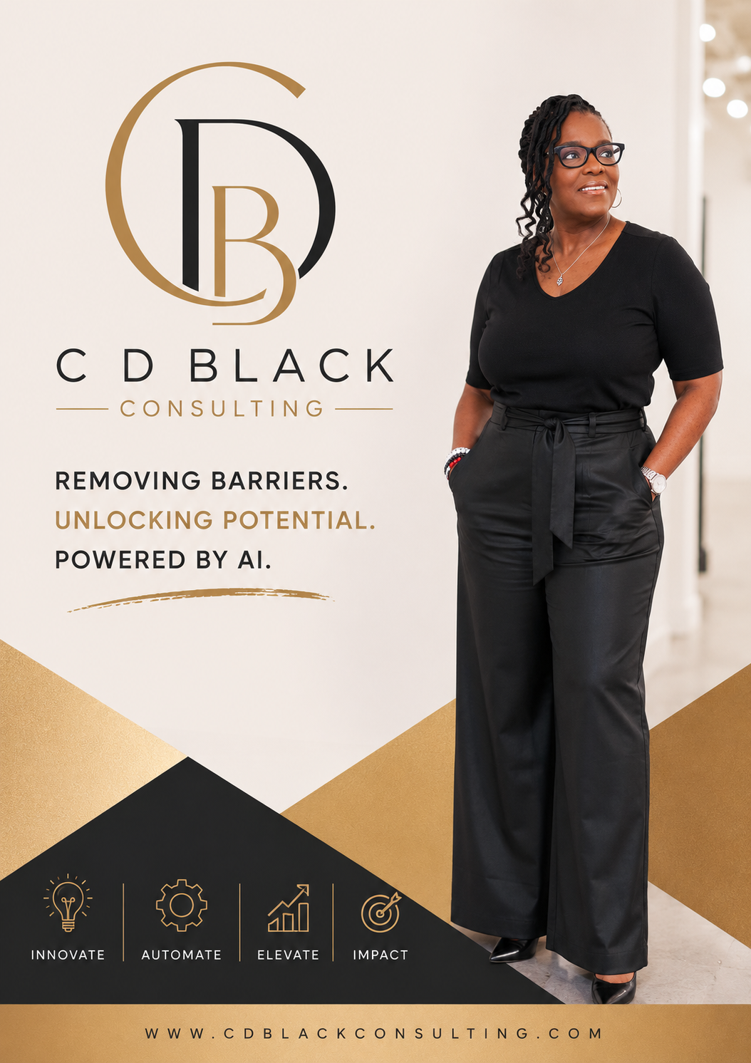 CD Black Consulting brand key art — Removing barriers. Unlocking potential. Powered by AI.